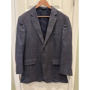 Jos A Bank 42L Traveler 100%Wool Blazer Plaid Check Jacket Sport Coat Navy READ!